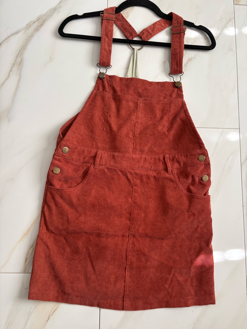 Women’s Small Rust Corduroy Overall Mini Dress Adjustable Straps Pinafore